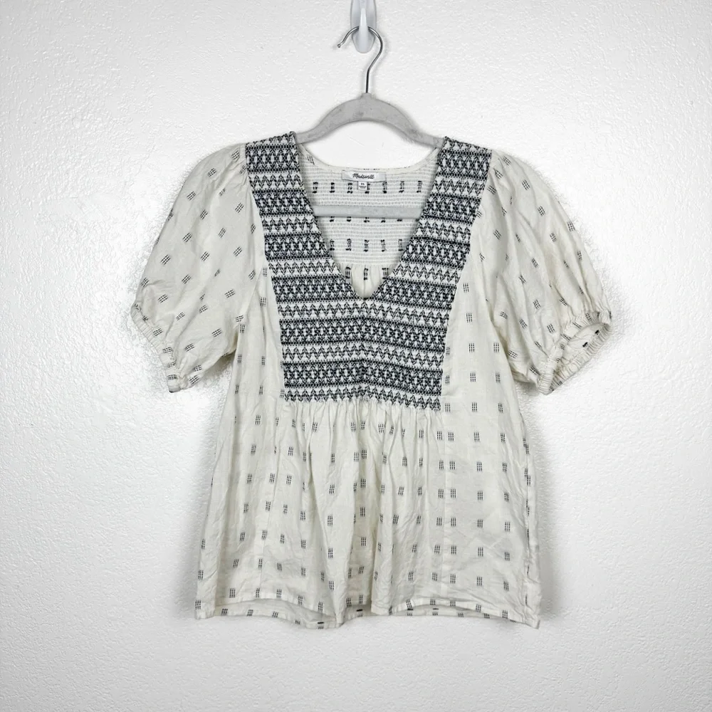 Madewell Summer 2022 Embroidered-Yoke Top in Clipdot Ikat Swiss Dot Size XS